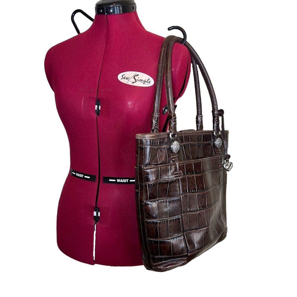 Brighton Brown Croc Embossed Leather Tote Shoulder Bag Heart Charm - Picture 3 of 14